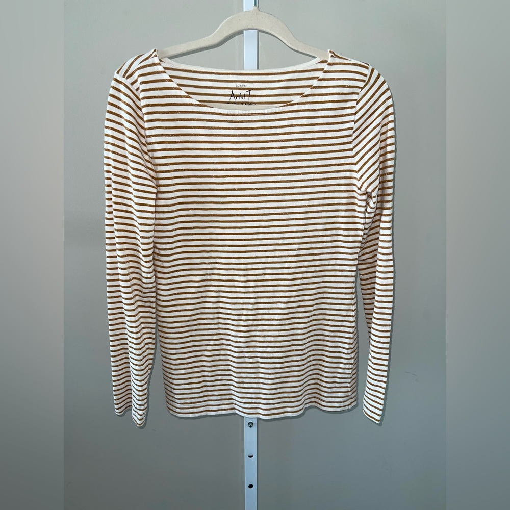 J. Crew Gold Metallic White Striped Long Sleeve Tee Boat Neck Lightweight